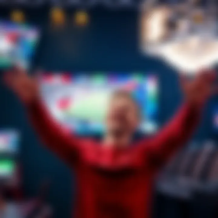 A person celebrating a betting win with raised arms and a big smile, surrounded by images of cash and sports events on a TV screen, capturing the thrill of gambling success.