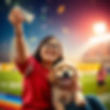 A happy person holding cash with a cute dog beside them, symbolizing joy from winning a parlay and adopting a pet.