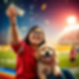 Celebrating a Betting Win A happy person holding cash with a cute dog beside them, symbolizing joy from winning a parlay and adopting a pet.