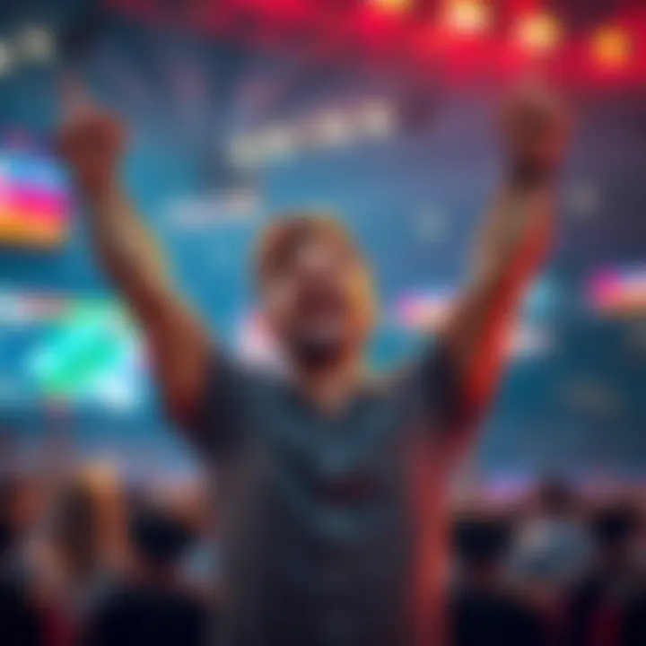 A happy bettor with arms raised, celebrating a big win from a small $1 investment in a tournament