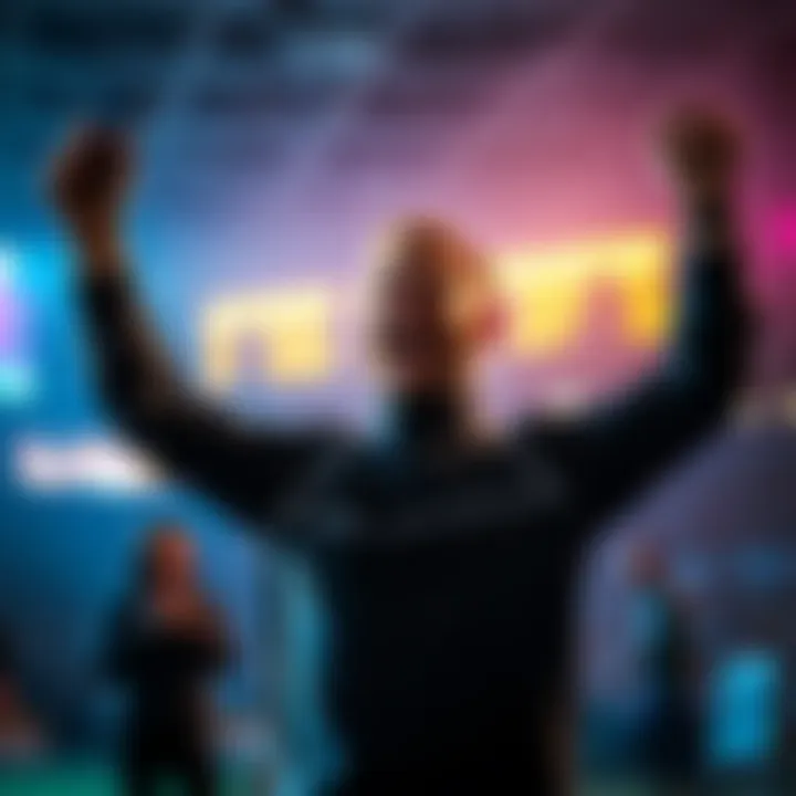 Bettor celebrating win A happy bettor raises arms in excitement after a big sports betting win, with a smartphone showing betting app in hand.