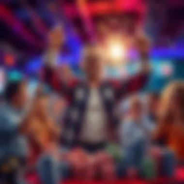 A happy bettor celebrating after hitting big odds while placing small bets, surrounded by cheering friends and stacks of chips.