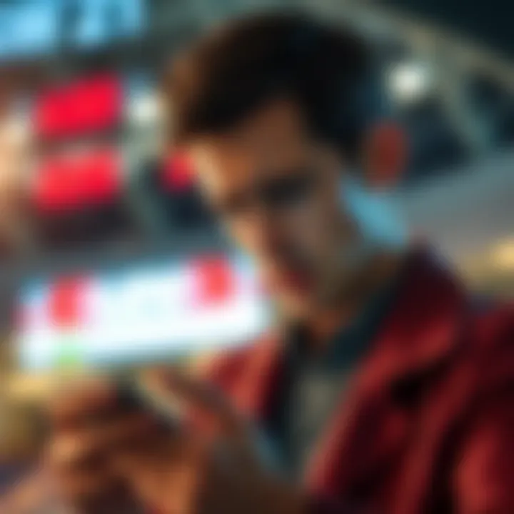 Bettor checking bet status A person looking at their betting app, concerned about the status of a 6/6 over under bet. Their expression shows uncertainty and anticipation.