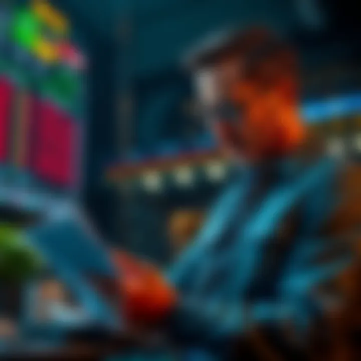 A confident bettor reviewing sports stats and betting slips, looking for winning parlay opportunities