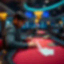 A person at a blackjack table, looking contemplative while placing a small bet, with sports betting tickets on the side