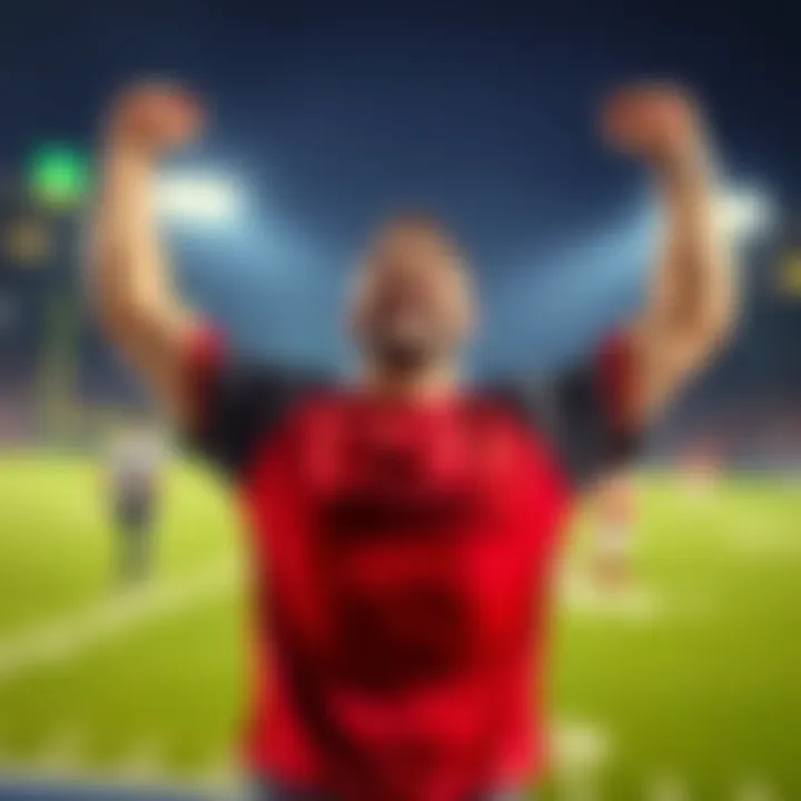 A happy bettor raises their arms in celebration after successfully cashing out during a Thursday Night Football game, with a football game in the background.