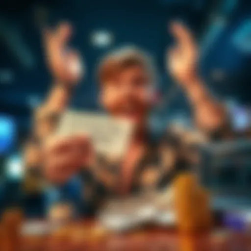 A person holding a ticket with a winning bet slip, looking excited and surprised at a table with cash and coins, capturing the moment of a big win from a small bet.