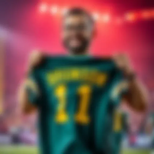 A happy bettor holding a Brunson jersey, celebrating a big win after placing a bet on a team comeback