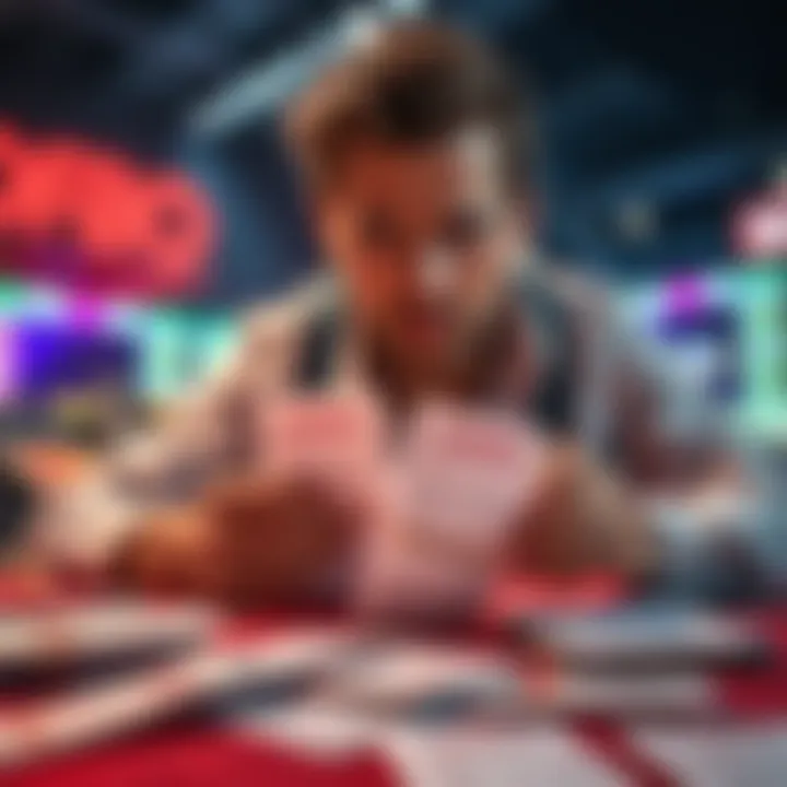 A person looking worried while checking their betting slips on a table, with two winning slips highlighted in front, surrounded by many losing ones