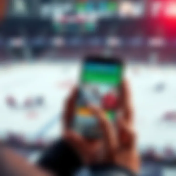 Bettor's Experience with Sports Interaction A person checking a betting app on their phone with hockey players' images on the screen, expressing surprise.