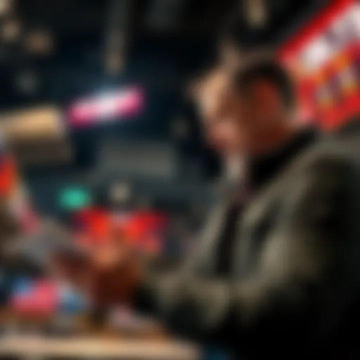 A seasoned bettor reviewing stats and placing a significant bet on a High Point spread, showing excitement and focus.