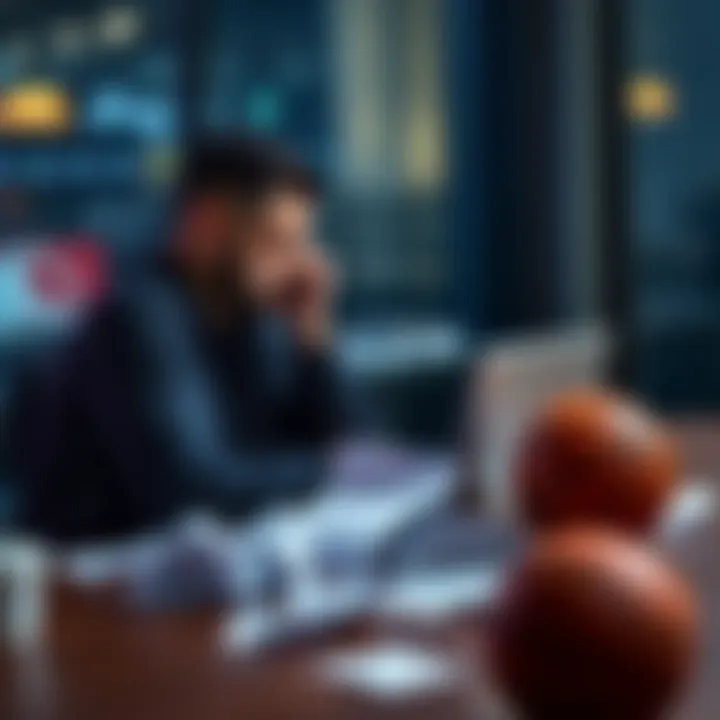 A person sitting at a table with a laptop, looking stressed as they review NBA betting losses, surrounded by crumpled papers and a basketball on the side.