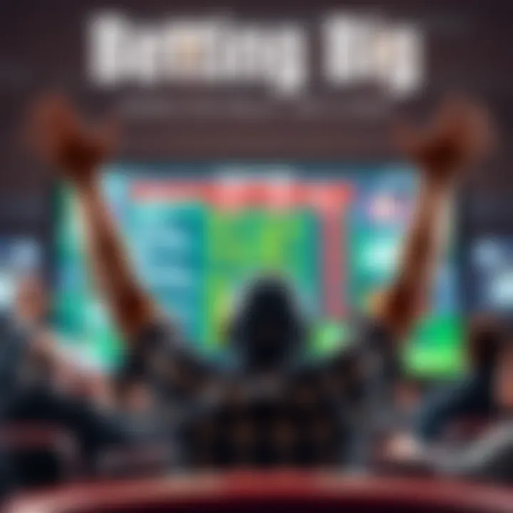 A joyful bettor raises hands in victory as a screen shows winning parlay bets