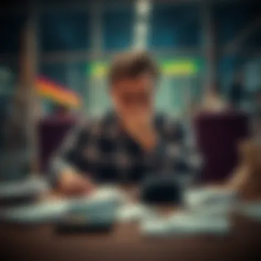 A person sitting at a table with a distressed expression, surrounded by betting slips and a calculator, contemplating their decision to stop sports betting after a significant loss.