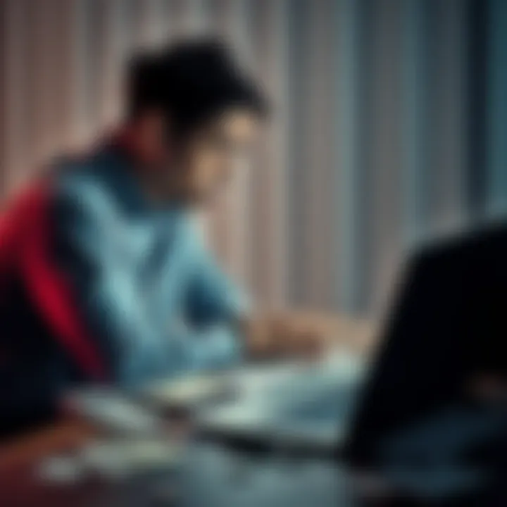 A person sitting at a table with a mix of betting slips and a laptop, looking pensively at their screen, embodying a mix of frustration and hope after a night of gambling.