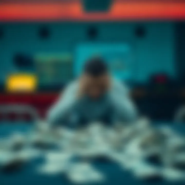 Bettor Reflecting on Losses A person sitting at a table looking frustrated with sports betting slips scattered around, symbolizing lost bets and financial struggles.