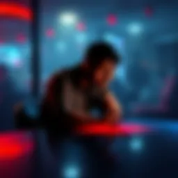 A person sitting alone at a table, looking contemplative with a phone in hand, symbolizing the emotional impact of financial loss in betting.