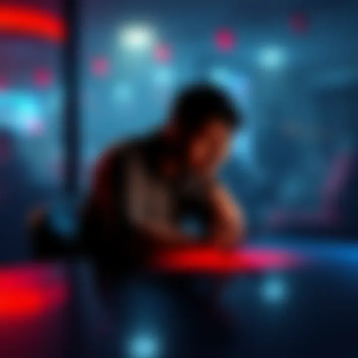 A person sitting alone at a table, looking contemplative with a phone in hand, symbolizing the emotional impact of financial loss in betting.