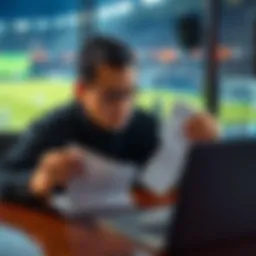 A frustrated bettor showing a betting slip and evidence of corner counts while sitting at a table with a laptop and soccer game footage in the background