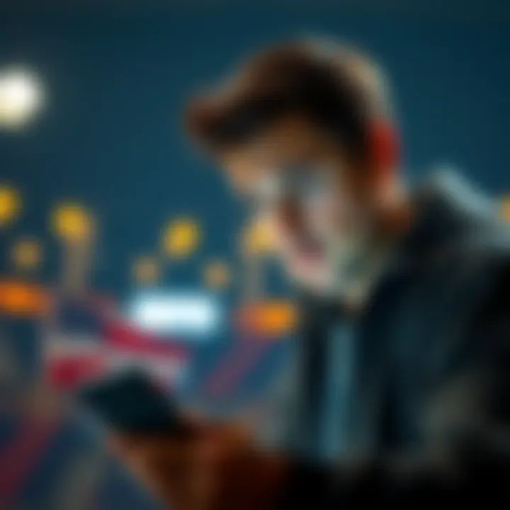 A person looking concerned as they use a betting app on a smartphone during the Super Bowl, highlighting issues with state taxes and platform cuts.