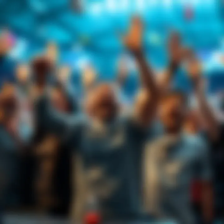 Group of happy bettors cheering with hands raised, celebrating a successful parlay bet.