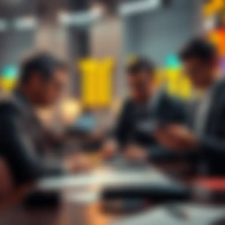 A group of serious bettors discussing strategies at a table, with papers and calculators, focused on new betting regulations.