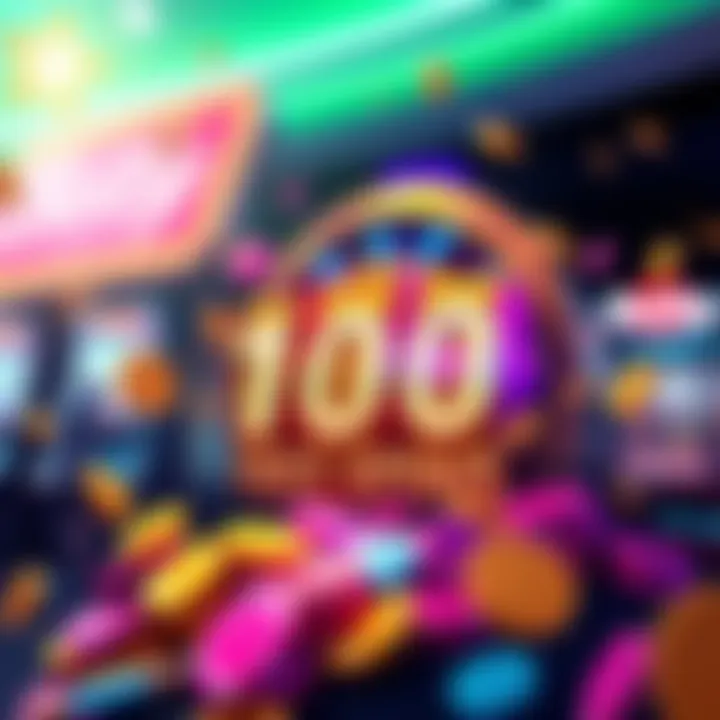 A graphic showing a casino theme with a slot machine displaying 100 free spins and colorful tokens around it.