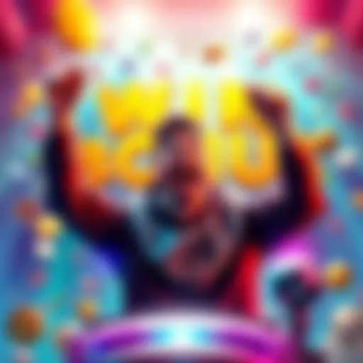 A player celebrating after winning a large bonus in a new game, surrounded by bright colors and game symbols