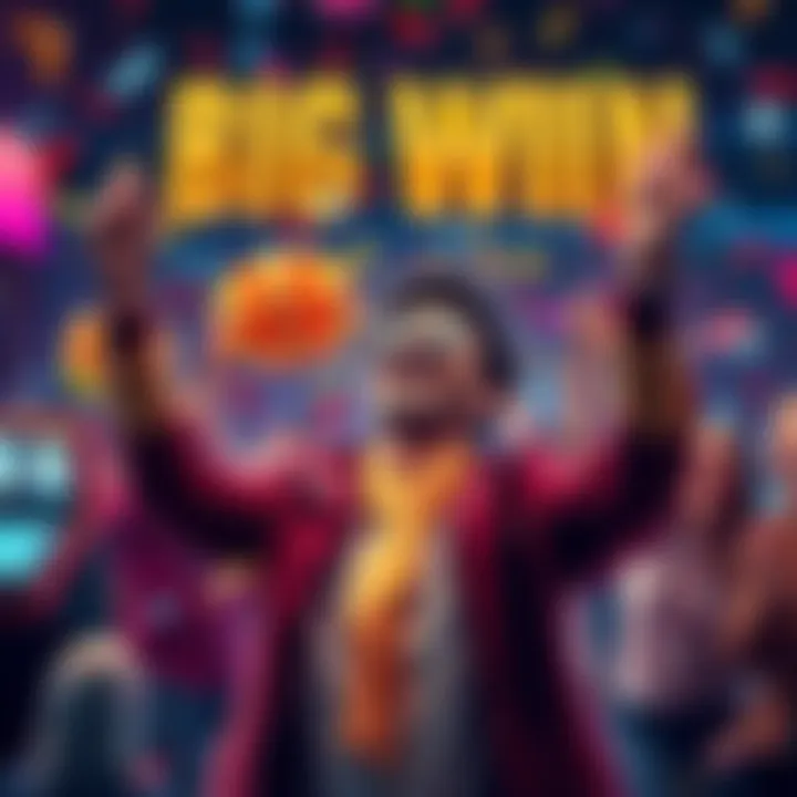 A person joyfully celebrating after winning a large jackpot, surrounded by confetti and smiles.