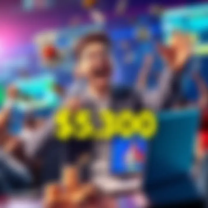 A celebrating bettor with cash and a laptop showing big winnings on Stake.