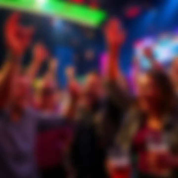 People celebrating after winning large payouts from small bets in a lively setting