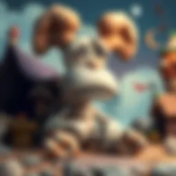 A cartoon character with large bones looking tired after a long journey, surrounded by whimsical scenery.