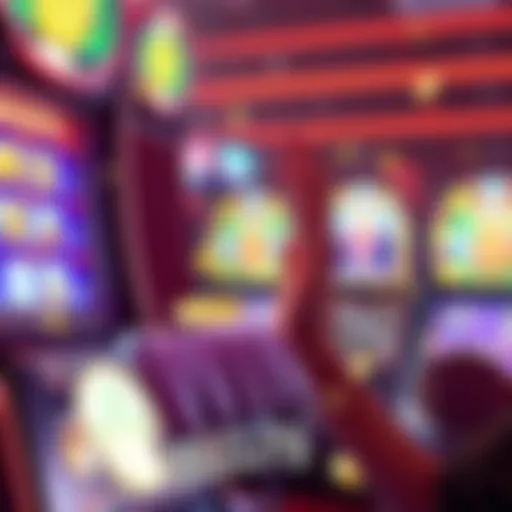 A person celebrating a big win on a slot machine with coins and a bright screen showing jackpot numbers