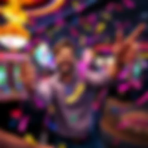 A joyful player celebrating a huge win at a casino, holding cash and smiling while surrounded by colorful confetti.