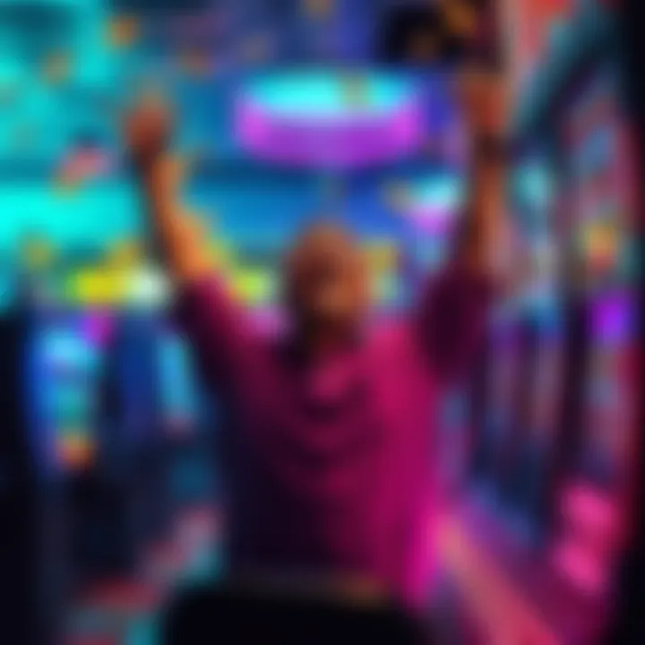 A joyful gambler raises their arms in excitement after winning at a slot machine, surrounded by colorful lights and coins