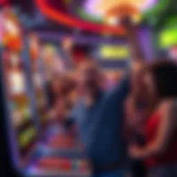 A group of excited players celebrating big wins at a no limit slots machine, with colorful lights and a jackpot display