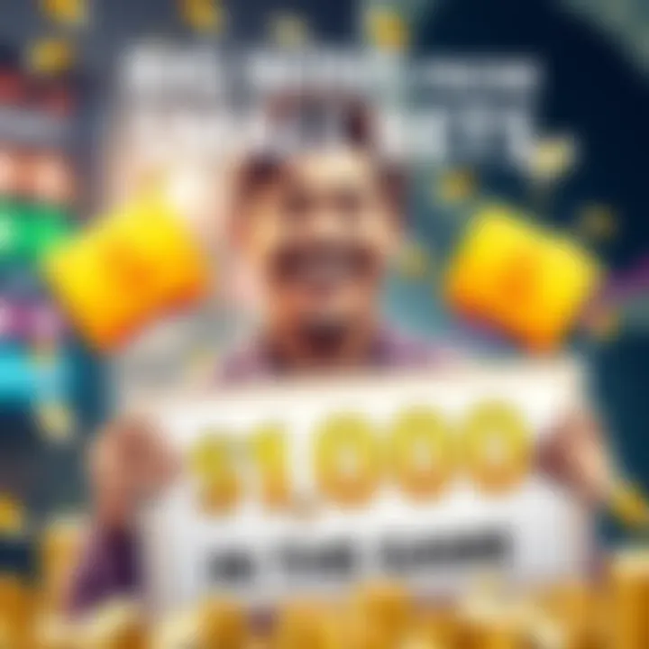 Big Wins from Small Bets Person smiling while holding a sign that shows turning $100 into $1000 with money graphics around them