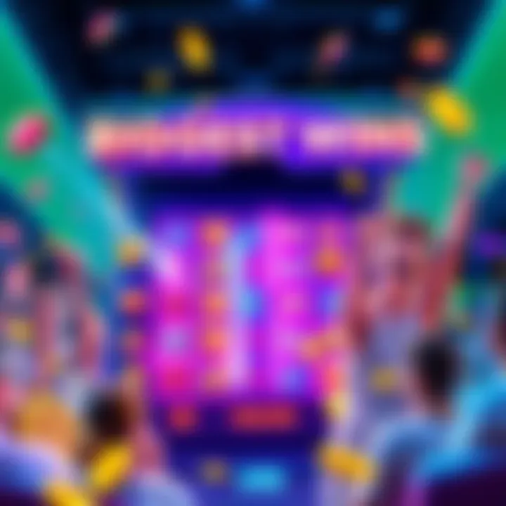 A colorful slot machine displaying high payout amounts and excited players celebrating wins.