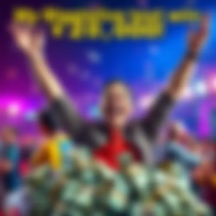 Person celebrating a $28,000 live betting win with raised arms and a big smile, surrounded by cash and betting slips.