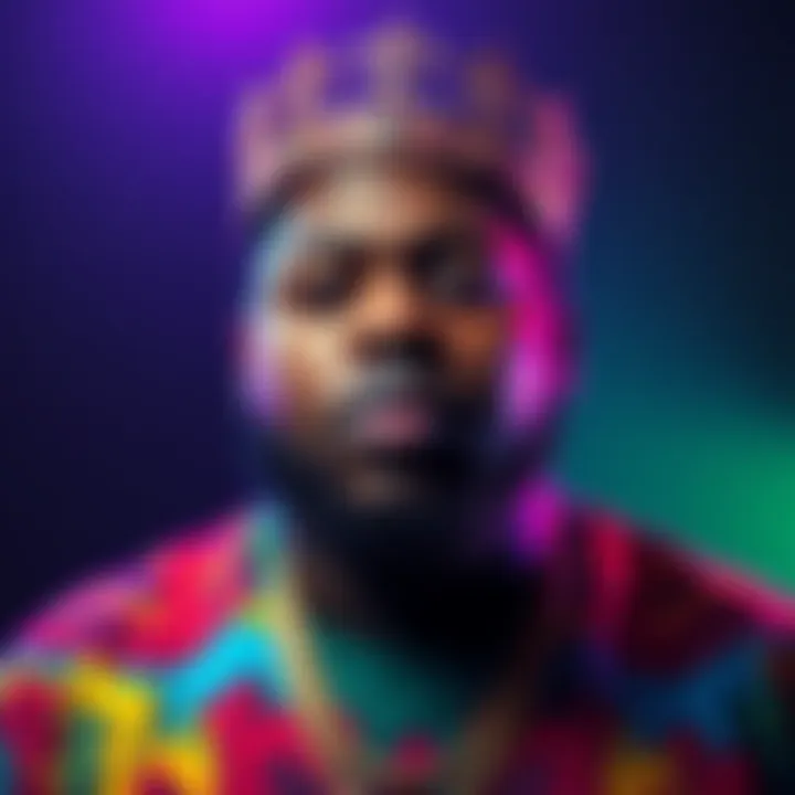 A portrait of Biggie Smalls wearing a crown and a colorful shirt, symbolizing his influence in hip-hop culture.