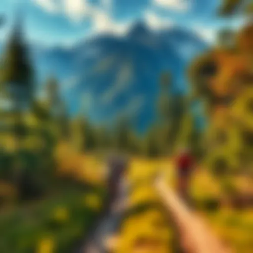 Biking Adventure A group of cyclists riding through a scenic trail surrounded by trees and mountains