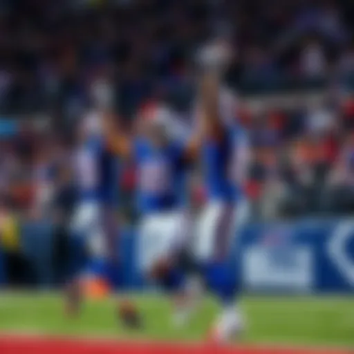 Buffalo Bills players celebrating a touchdown during a game with fans cheering in the background