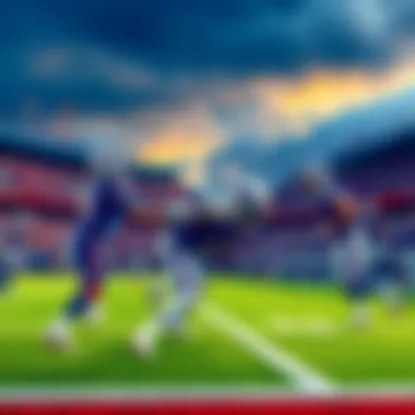 A football field with the Buffalo Bills and Los Angeles Rams players preparing for the game. Excited fans in the stands, showcasing team colors.