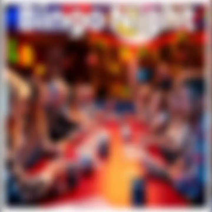 Bingo Game Night A group of players excitedly playing bingo at a lively event, with cards and markers on the table and colorful bingo balls in the background.