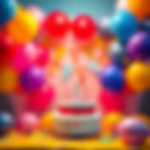 A colorful birthday scene featuring balloons, a cake, and festive decorations representing a celebration