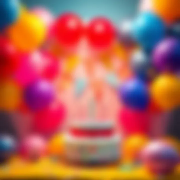 A colorful birthday scene featuring balloons, a cake, and festive decorations representing a celebration
