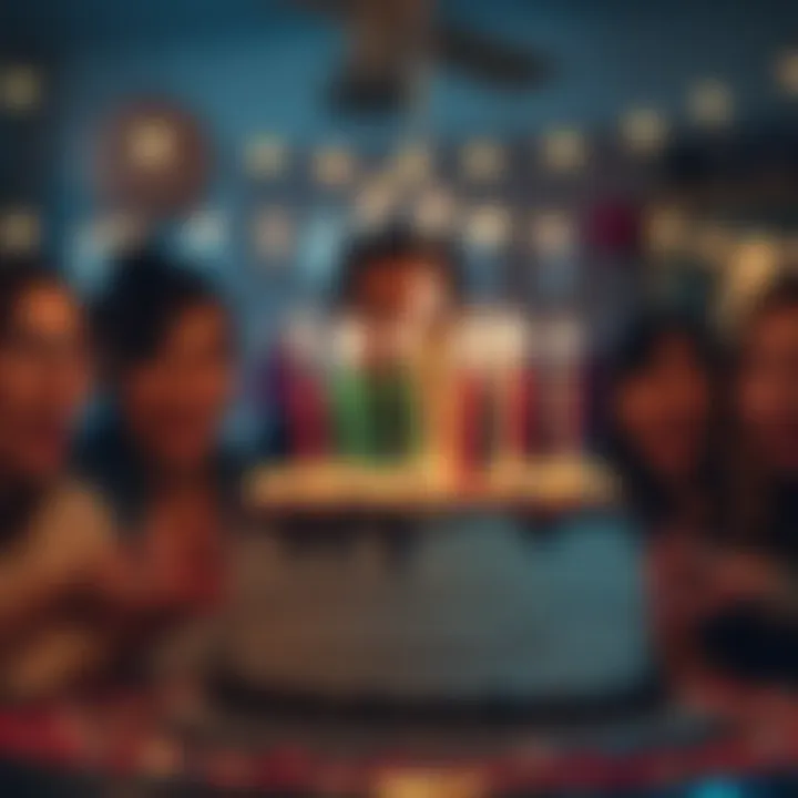 A birthday cake with lit candles surrounded by surprised friends and family, showing a mix of joy and unexpected moments during a celebration.