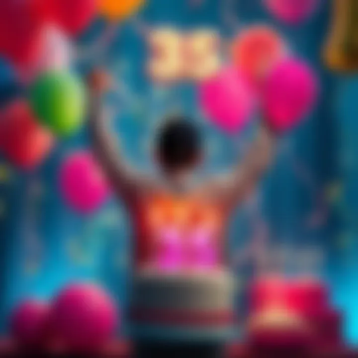 A person stands with arms raised in celebration, surrounded by balloons and a birthday cake, symbolizing new dreams at 35.