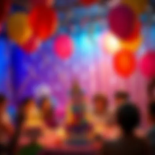 A colorful birthday party scene with balloons, a cake, and people enjoying festivities