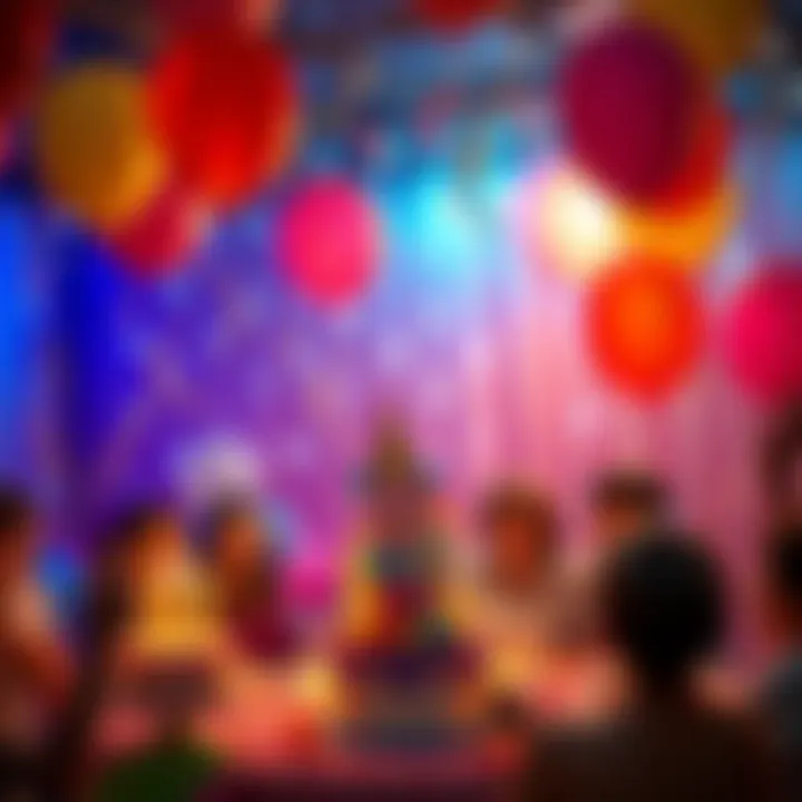 A colorful birthday party scene with balloons, a cake, and people enjoying festivities